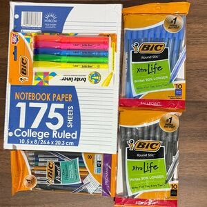School Supply Bundle, Pens, Pencils, Highlighters, Lined Paper.